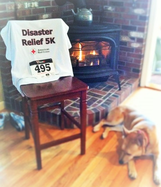 My tee, my number, my running shoes, my dog AND a crackling fire.
